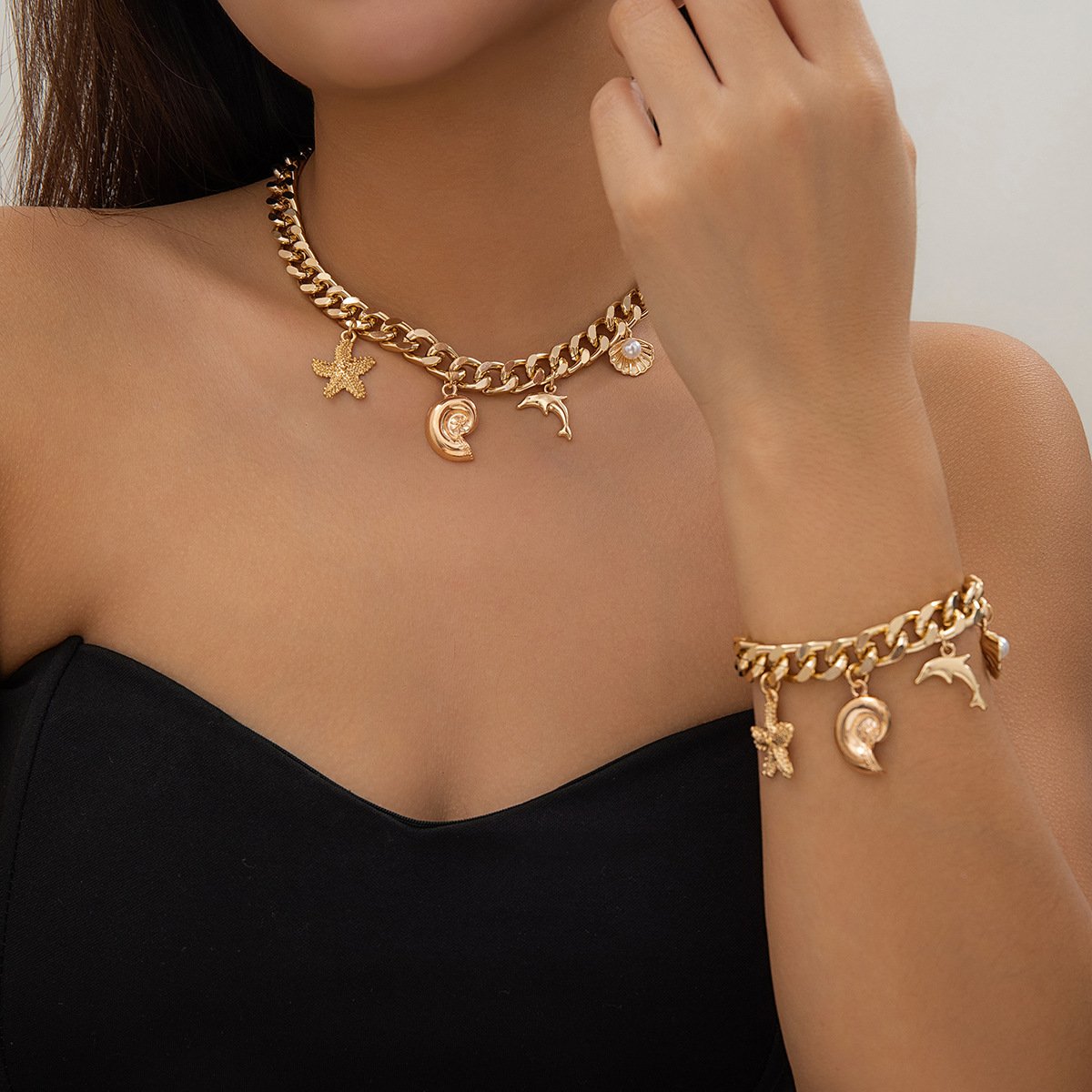 Creative Boho Conch Dolphin Starfish Pendant Choker Necklace Bracelets Women Trendy Vintage Tassel Chain Grunge Jewelry Fashion Jewelry - Image 3