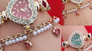 Fashion Love Shape Bracelet Watch Set Diamond Colored Heart Quartz Watch Women's Fashion Jewelry Set Valentine's Day Gift