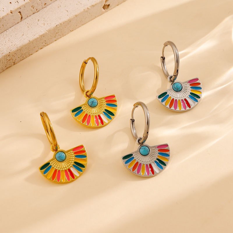 Oil Dripping Color Fan-shaped Circle Stitching Female Fashion Personality Retro Dual-wear Earrings - Image 2