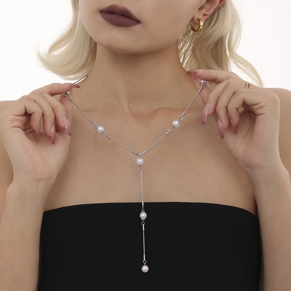 Stainless Steel Pearl Y-shaped Clavicle Chain Light Luxury Tassel Necklace For Women - Image 3