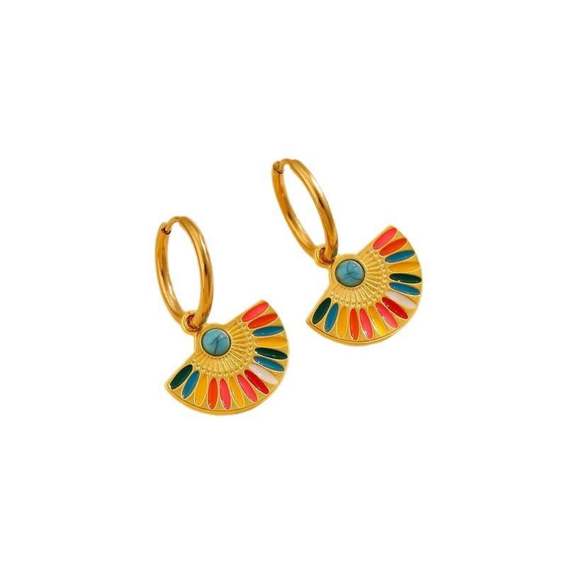 Oil Dripping Color Fan-shaped Circle Stitching Female Fashion Personality Retro Dual-wear Earrings - Image 6