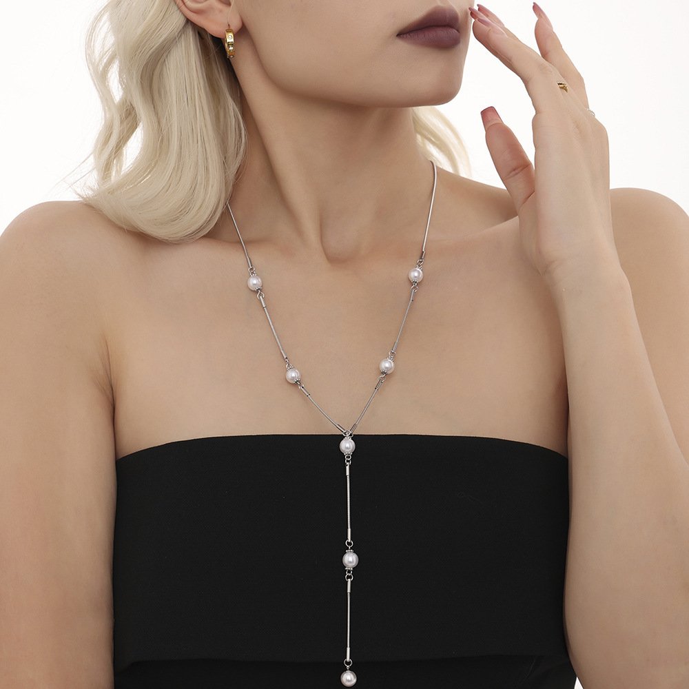 Stainless Steel Pearl Y-shaped Clavicle Chain Light Luxury Tassel Necklace For Women - Image 6