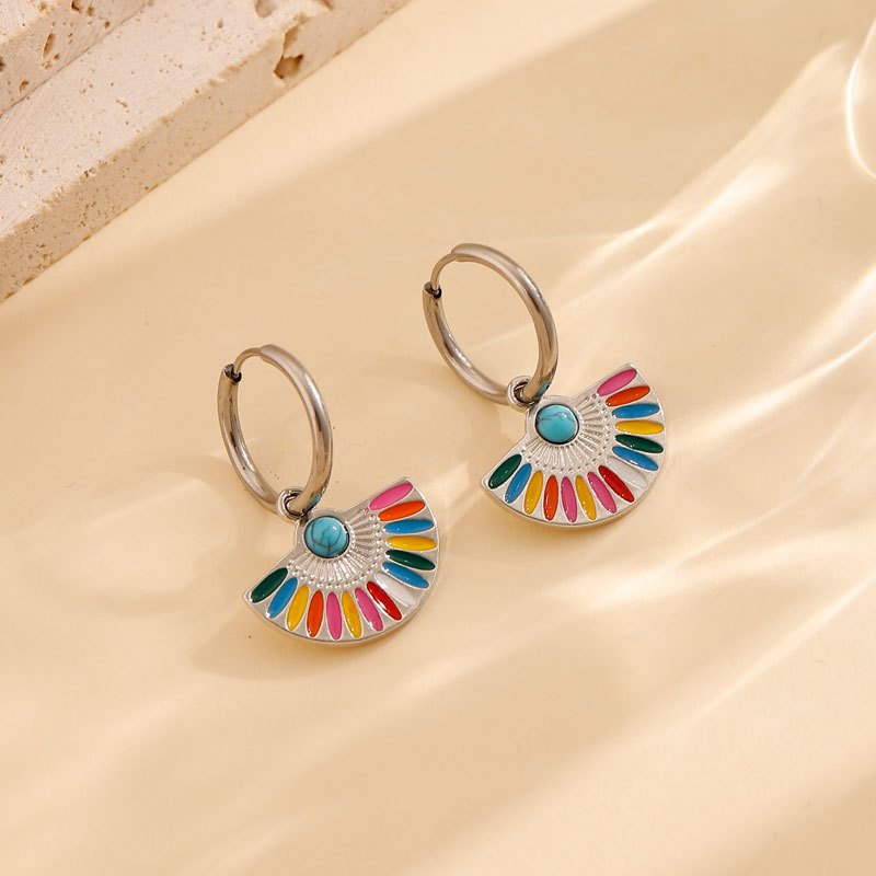 Oil Dripping Color Fan-shaped Circle Stitching Female Fashion Personality Retro Dual-wear Earrings - Image 3