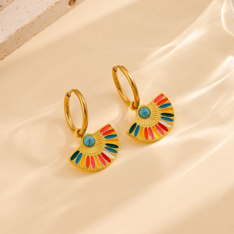 Oil Dripping Color Fan-shaped Circle Stitching Female Fashion Personality Retro Dual-wear Earrings - Image 4