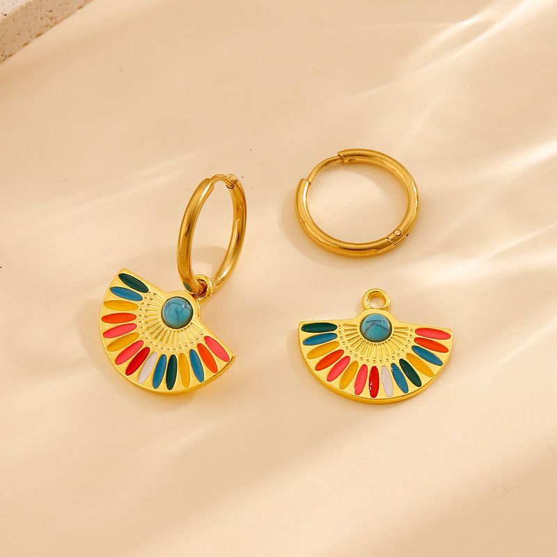 Oil Dripping Color Fan-shaped Circle Stitching Female Fashion Personality Retro Dual-wear Earrings - Image 5