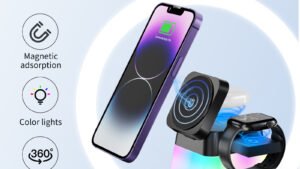 4 In 1 Rotatable Colorful Lighting Wireless Charger Stand For Phone 15 14 13 12 Pro Max 8 7 Holder Magnetic Fast Charging Station