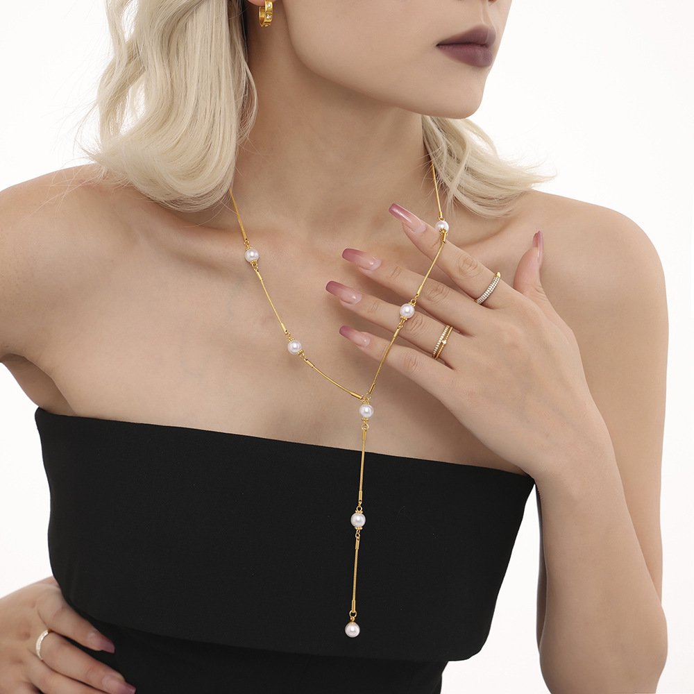 Stainless Steel Pearl Y-shaped Clavicle Chain Light Luxury Tassel Necklace For Women - Image 7