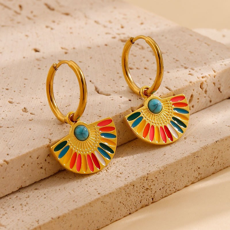 Oil Dripping Color Fan-shaped Circle Stitching Female Fashion Personality Retro Dual-wear Earrings