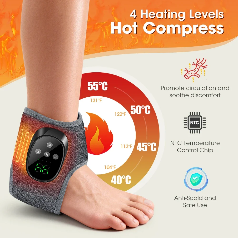 4 Modes 4 Levels Intensity Heated Ankle Massager 1800mAh Rechargeable Electric Foot Wrap for Relax Home Use